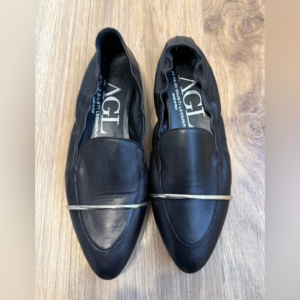 AGL Attilio Giusti Leombruni Black Leather  Loafers with Silver Bar Size 38